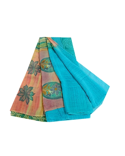 Sanskriti Vintage Blue Sarees Pure Georgette Silk Printed Sari Craft Fabric, PRG-10310-Blue &amp; Green-Printed Work-Pure Georgette Silk-2