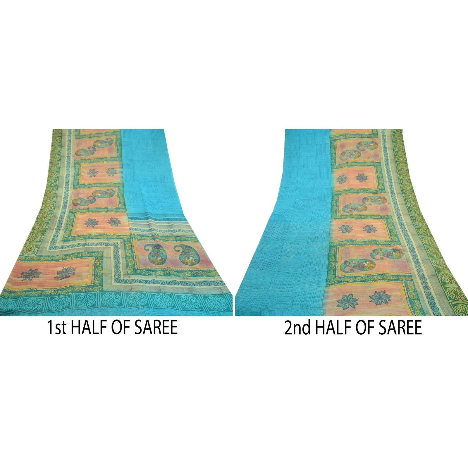 Sanskriti Vintage Blue Sarees Pure Georgette Silk Printed Sari Craft Fabric, PRG-10310-Blue &amp; Green-Printed Work-Pure Georgette Silk-5