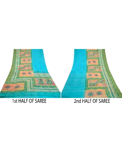 Sanskriti Vintage Blue Sarees Pure Georgette Silk Printed Sari Craft Fabric, PRG-10310-Blue &amp; Green-Printed Work-Pure Georgette Silk-5