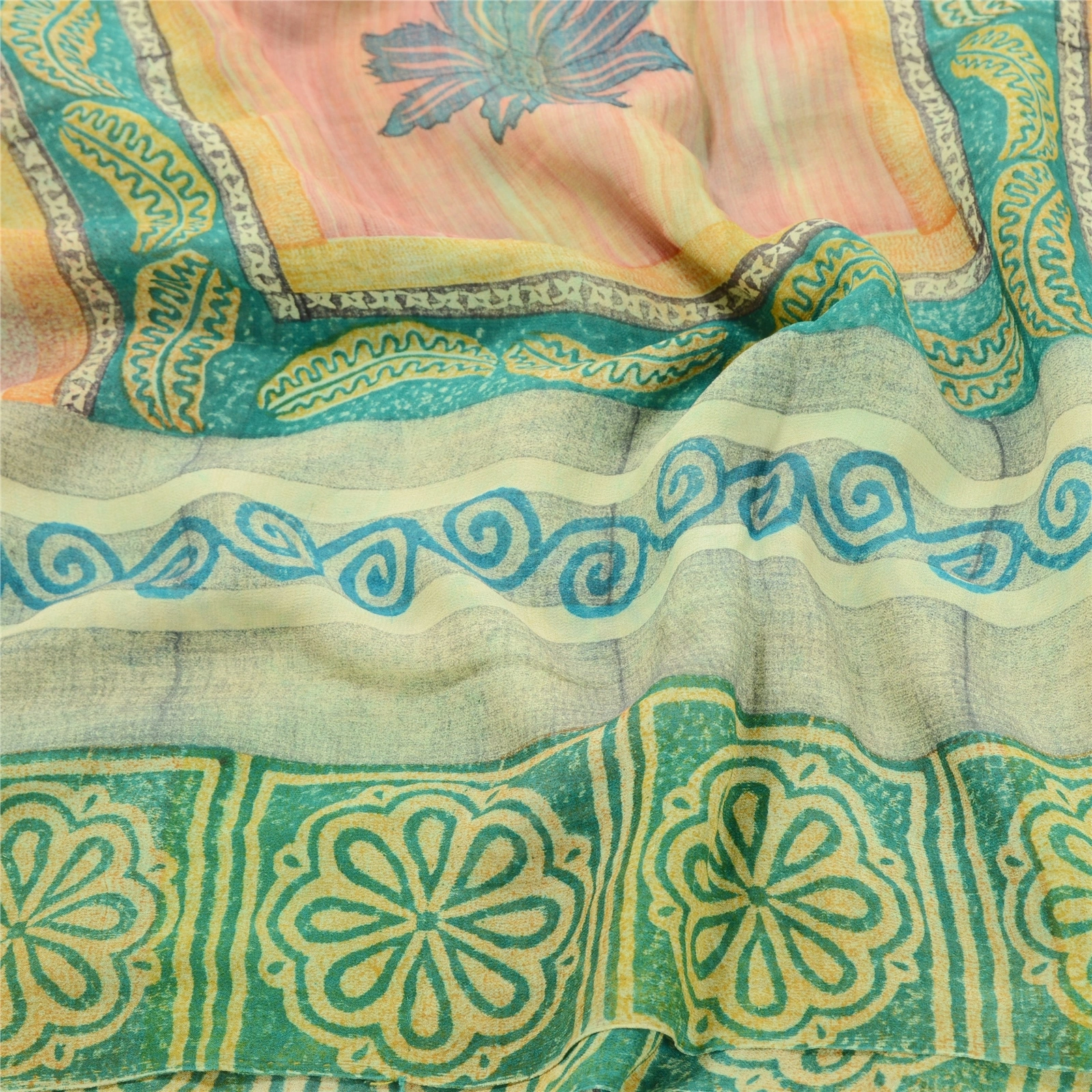 Sanskriti Vintage Blue Sarees Pure Georgette Silk Printed Sari Craft Fabric, PRG-10310-Blue &amp; Green-Printed Work-Pure Georgette Silk-6