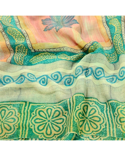 Sanskriti Vintage Blue Sarees Pure Georgette Silk Printed Sari Craft Fabric, PRG-10310-Blue &amp; Green-Printed Work-Pure Georgette Silk-6