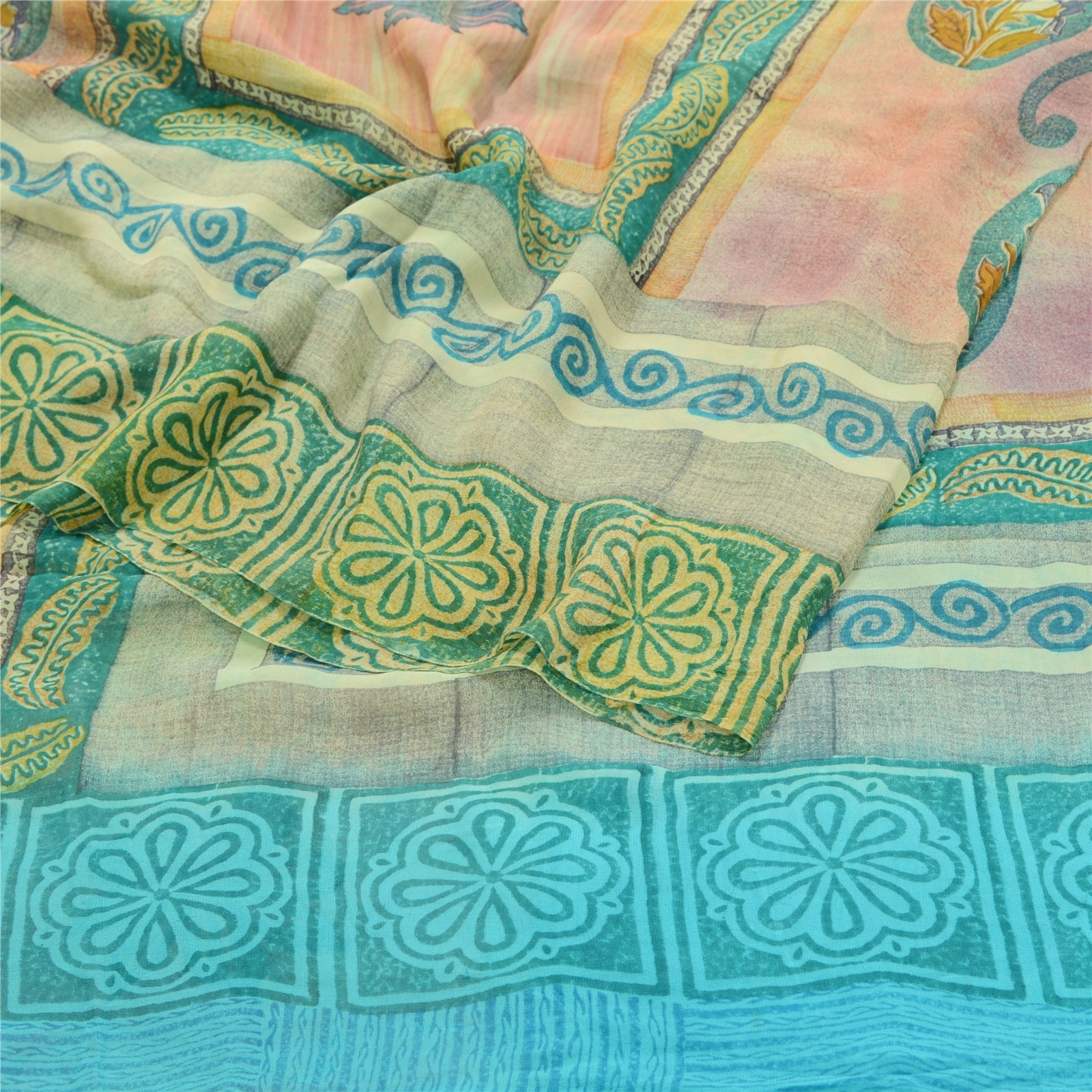 Sanskriti Vintage Blue Sarees Pure Georgette Silk Printed Sari Craft Fabric, PRG-10310-Blue &amp; Green-Printed Work-Pure Georgette Silk-7