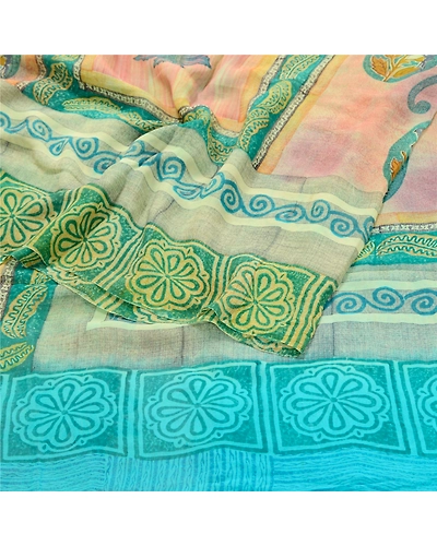 Sanskriti Vintage Blue Sarees Pure Georgette Silk Printed Sari Craft Fabric, PRG-10310-Blue &amp; Green-Printed Work-Pure Georgette Silk-7