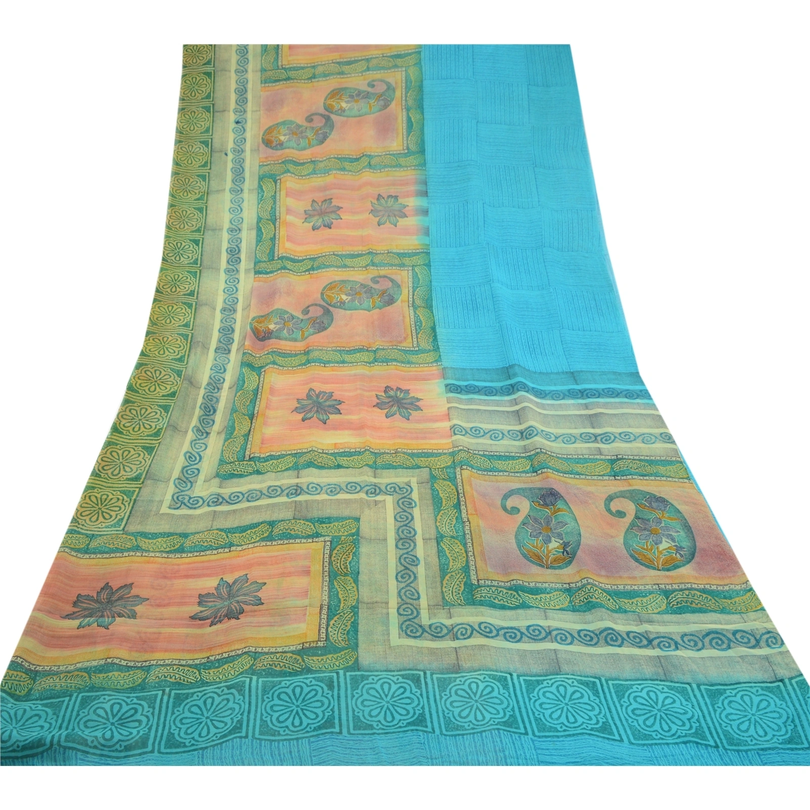 Sanskriti Vintage Blue Sarees Pure Georgette Silk Printed Sari Craft Fabric, PRG-10310-Blue &amp; Green-Printed Work-Pure Georgette Silk-8