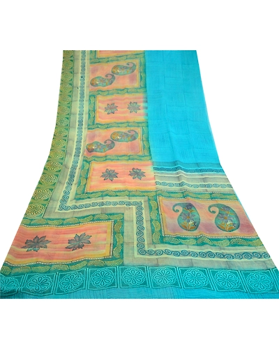 Sanskriti Vintage Blue Sarees Pure Georgette Silk Printed Sari Craft Fabric, PRG-10310-Blue &amp; Green-Printed Work-Pure Georgette Silk-8