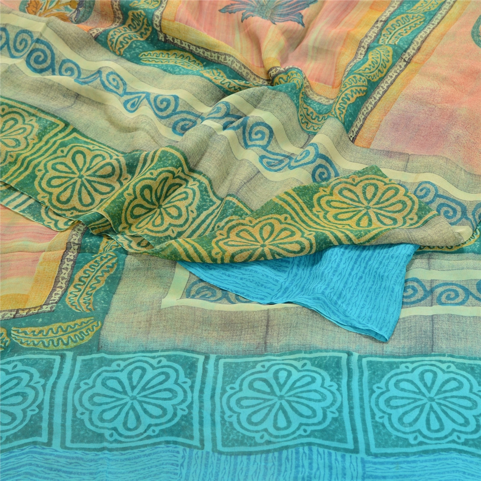 Sanskriti Vintage Blue Sarees Pure Georgette Silk Printed Sari Craft Fabric, PRG-10310-Blue &amp; Green-Printed Work-Pure Georgette Silk-9