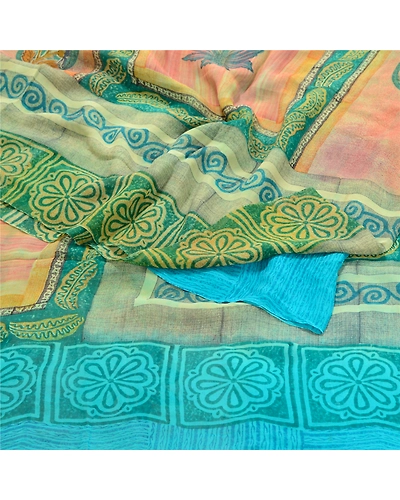 Sanskriti Vintage Blue Sarees Pure Georgette Silk Printed Sari Craft Fabric, PRG-10310-Blue &amp; Green-Printed Work-Pure Georgette Silk-9