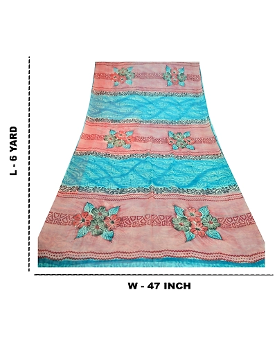 Sanskriti Vintage Blue Sarees Pure Georgette Silk Printed Sari Craft Fabric, PRG-10312-Shade Of Pink &amp; Blue-Printed Work-Pure Georgette Silk-4