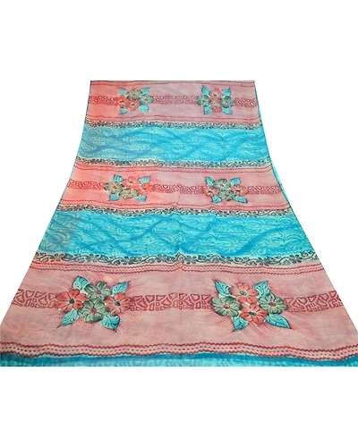 Sanskriti Vintage Blue Sarees Pure Georgette Silk Printed Sari Craft Fabric, PRG-10312-Shade Of Pink &amp; Blue-Printed Work-Pure Georgette Silk-9