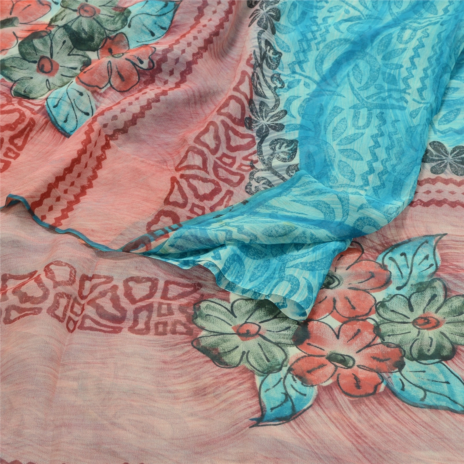 Sanskriti Vintage Blue Sarees Pure Georgette Silk Printed Sari Craft Fabric, PRG-10312-Shade Of Pink &amp; Blue-Printed Work-Pure Georgette Silk-10