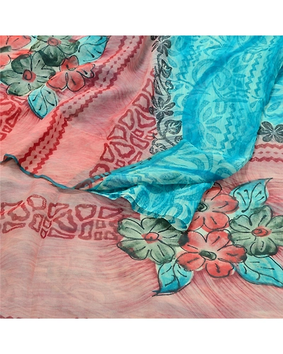 Sanskriti Vintage Blue Sarees Pure Georgette Silk Printed Sari Craft Fabric, PRG-10312-Shade Of Pink &amp; Blue-Printed Work-Pure Georgette Silk-10