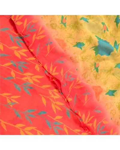 Sanskriti Vintage Lemon Sarees Pure Georgette Silk Printed Sari Craft Fabric, PRG-10313-Shade Of Lemon &amp; Red-Printed Work-Pure Georgette Silk-1