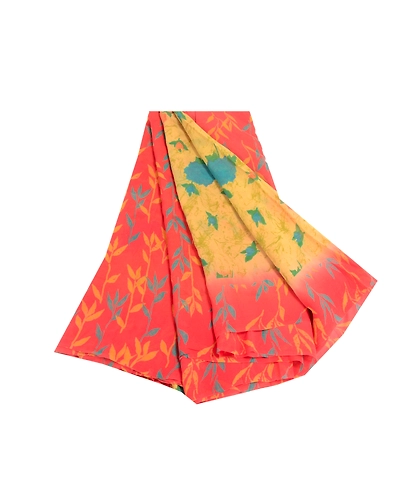 Sanskriti Vintage Lemon Sarees Pure Georgette Silk Printed Sari Craft Fabric, PRG-10313-Shade Of Lemon &amp; Red-Printed Work-Pure Georgette Silk-2