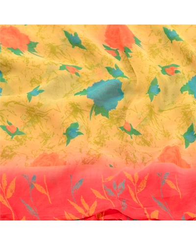 Sanskriti Vintage Lemon Sarees Pure Georgette Silk Printed Sari Craft Fabric, PRG-10313-Shade Of Lemon &amp; Red-Printed Work-Pure Georgette Silk-6