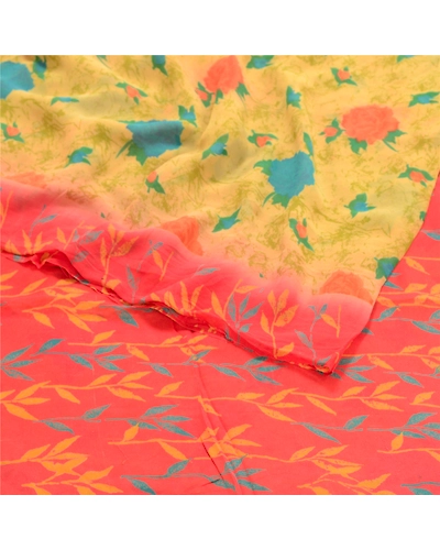 Sanskriti Vintage Lemon Sarees Pure Georgette Silk Printed Sari Craft Fabric, PRG-10313-Shade Of Lemon &amp; Red-Printed Work-Pure Georgette Silk-7