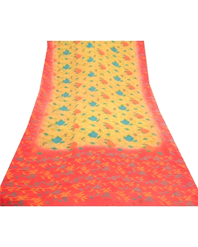 Sanskriti Vintage Lemon Sarees Pure Georgette Silk Printed Sari Craft Fabric, PRG-10313-Shade Of Lemon &amp; Red-Printed Work-Pure Georgette Silk-8
