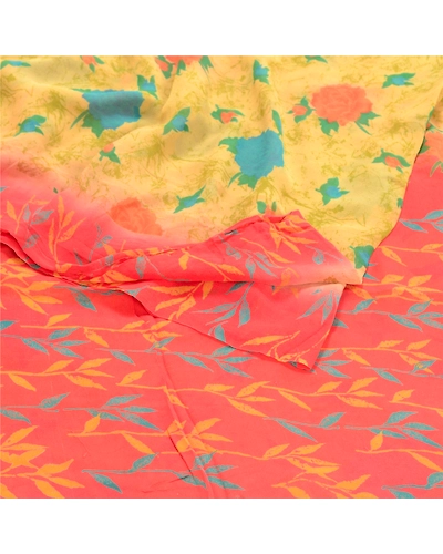 Sanskriti Vintage Lemon Sarees Pure Georgette Silk Printed Sari Craft Fabric, PRG-10313-Shade Of Lemon &amp; Red-Printed Work-Pure Georgette Silk-9