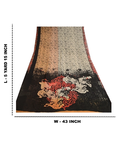 Sanskriti Vintage Black Sarees Pure Georgette Silk Printed Sari Craft Fabric, PRG-10327-Black &amp; Ivory-Printed Work-Pure Georgette Silk-3