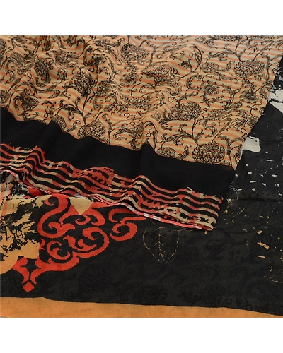 Sanskriti Vintage Black Sarees Pure Georgette Silk Printed Sari Craft Fabric, PRG-10327-Black &amp; Ivory-Printed Work-Pure Georgette Silk-7