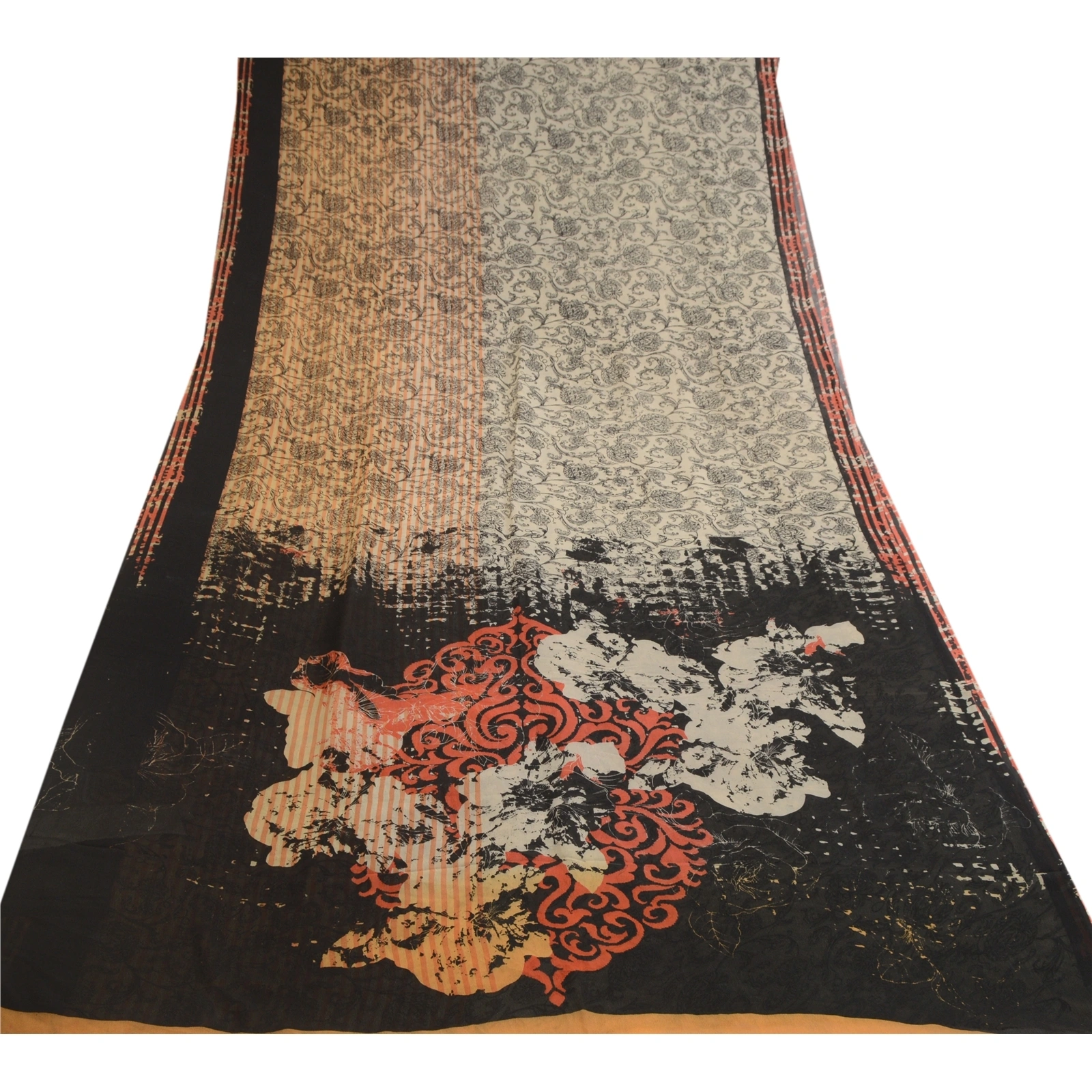 Sanskriti Vintage Black Sarees Pure Georgette Silk Printed Sari Craft Fabric, PRG-10327-Black &amp; Ivory-Printed Work-Pure Georgette Silk-8