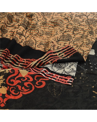 Sanskriti Vintage Black Sarees Pure Georgette Silk Printed Sari Craft Fabric, PRG-10327-Black &amp; Ivory-Printed Work-Pure Georgette Silk-9