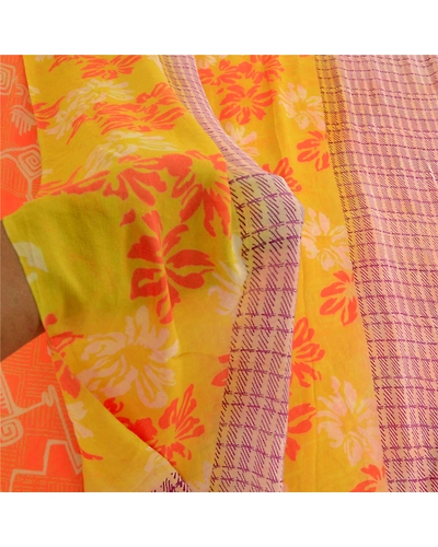 Sanskriti Vintage Orange Sarees Pure Georgette Silk Printed Sari Craft Fabric, PRG-10347-Orange-Printed Floral Design-Pure Georgette Silk-4