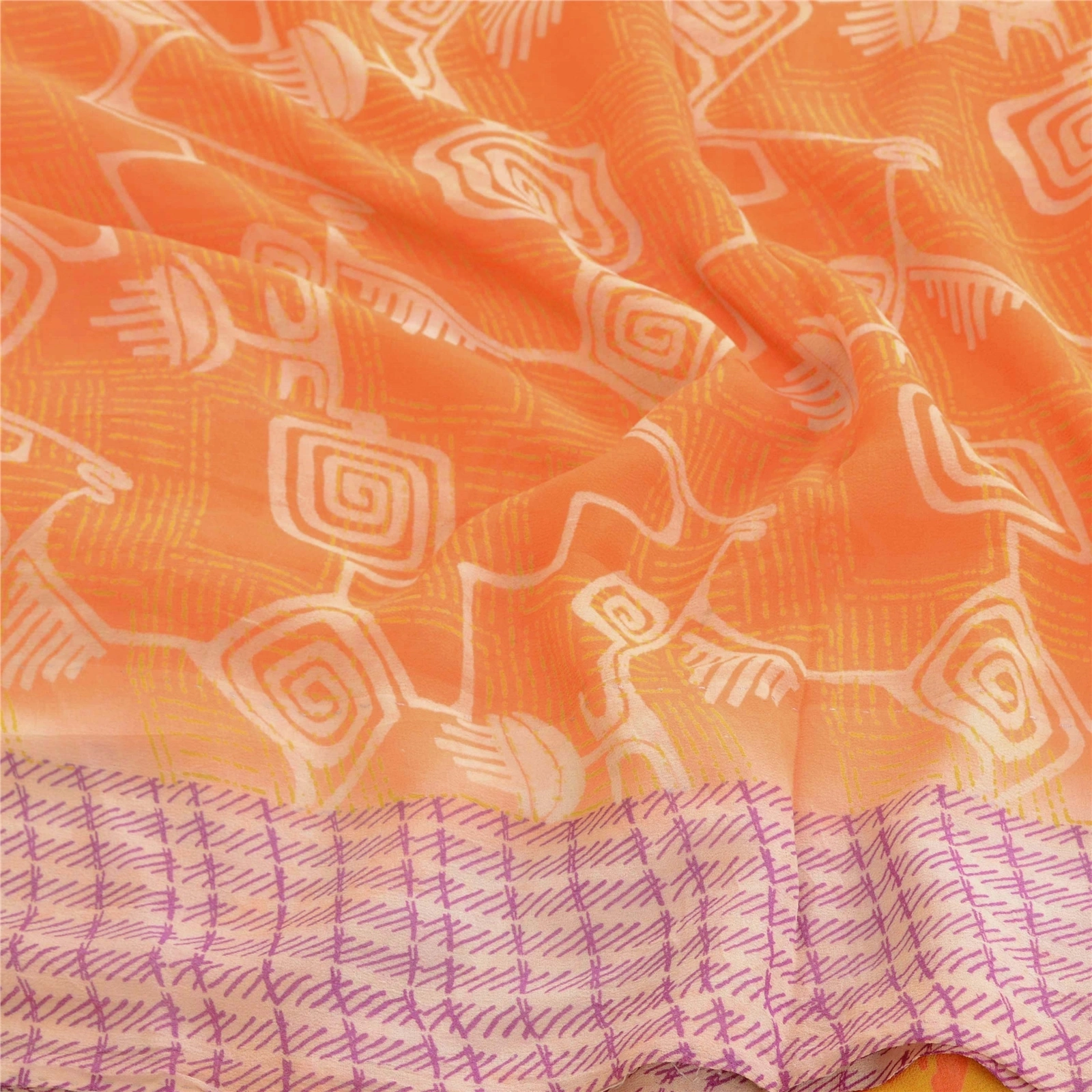 Sanskriti Vintage Orange Sarees Pure Georgette Silk Printed Sari Craft Fabric, PRG-10347-Orange-Printed Floral Design-Pure Georgette Silk-6