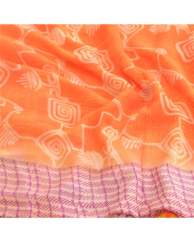 Sanskriti Vintage Orange Sarees Pure Georgette Silk Printed Sari Craft Fabric, PRG-10347-Orange-Printed Floral Design-Pure Georgette Silk-6