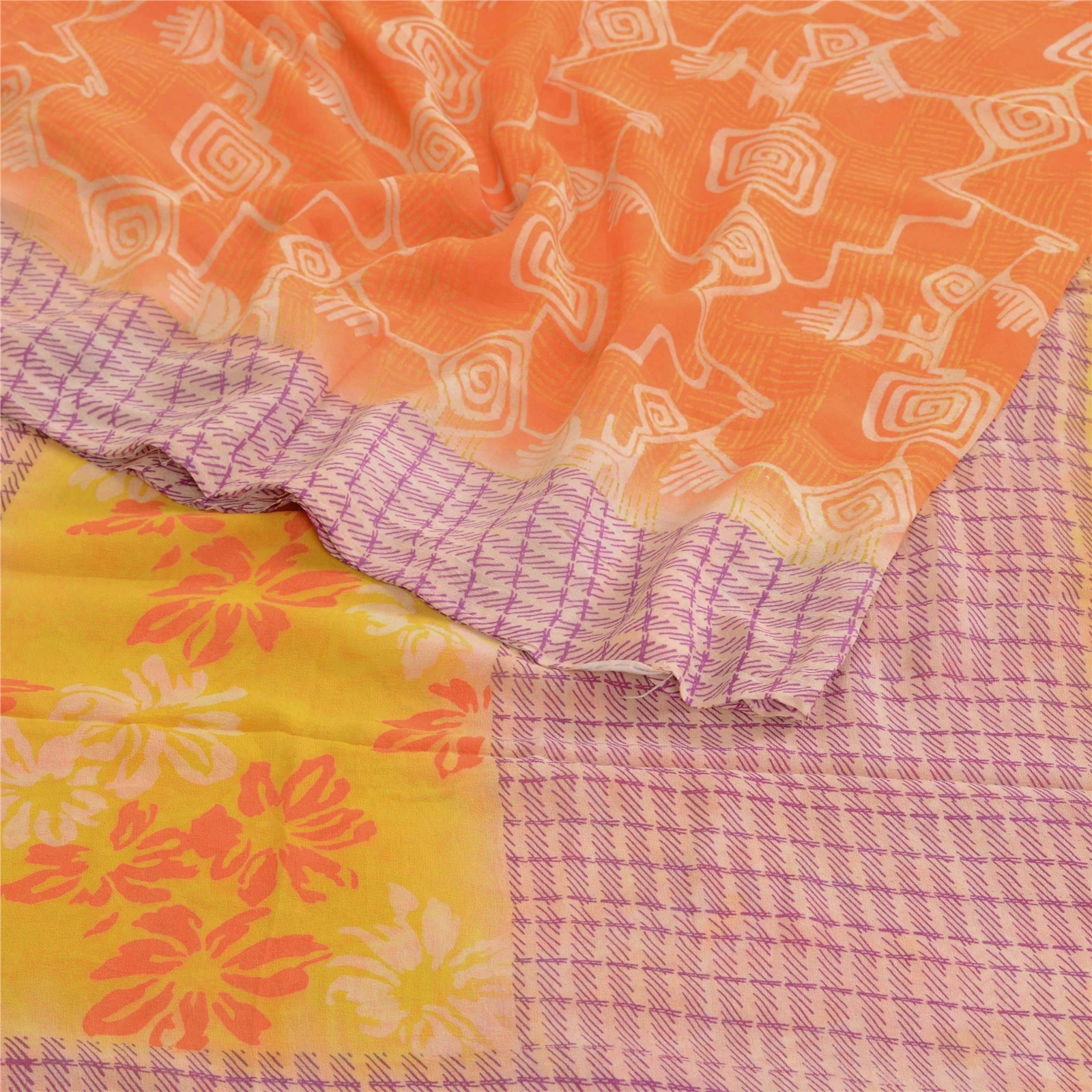 Sanskriti Vintage Orange Sarees Pure Georgette Silk Printed Sari Craft Fabric, PRG-10347-Orange-Printed Floral Design-Pure Georgette Silk-7