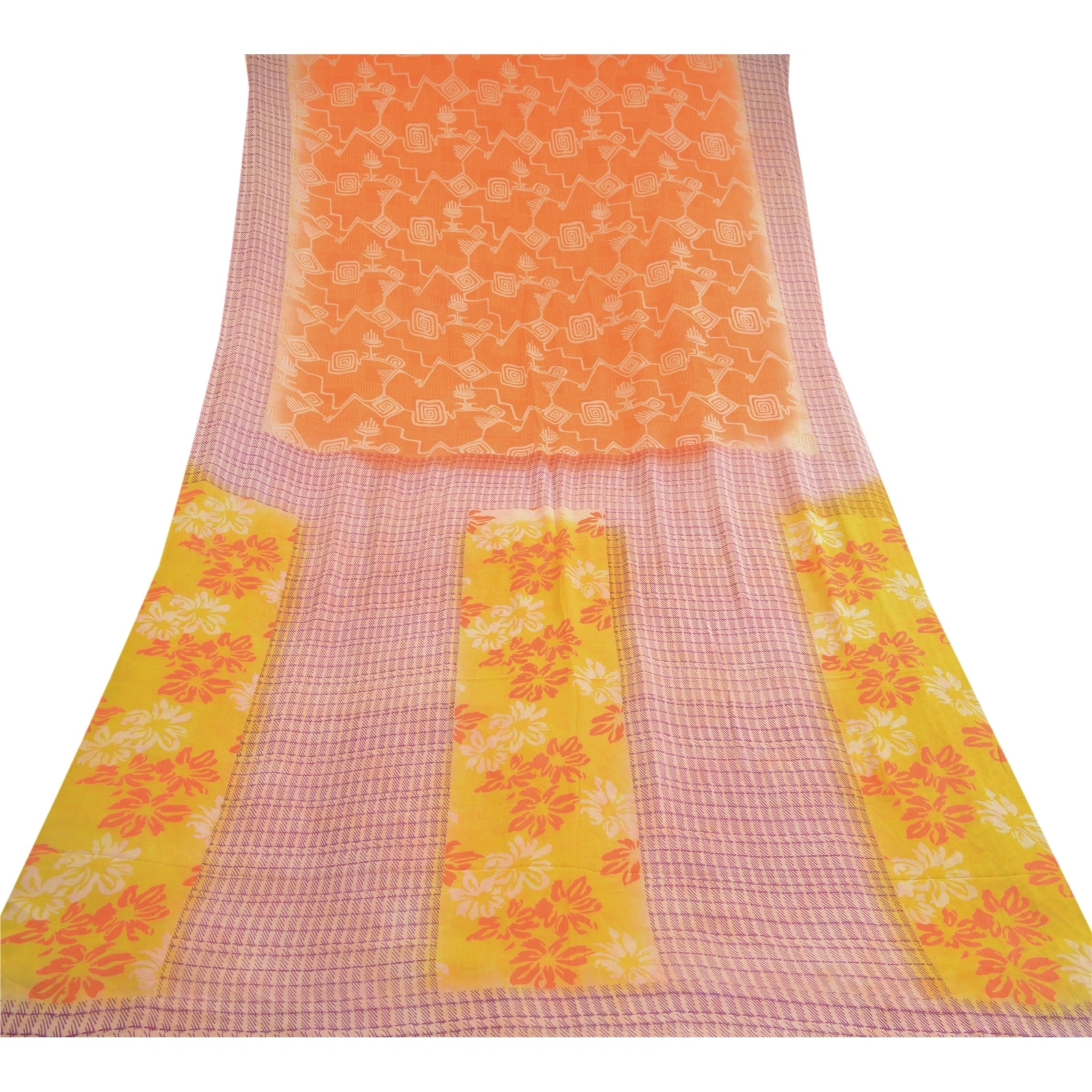 Sanskriti Vintage Orange Sarees Pure Georgette Silk Printed Sari Craft Fabric, PRG-10347-Orange-Printed Floral Design-Pure Georgette Silk-8