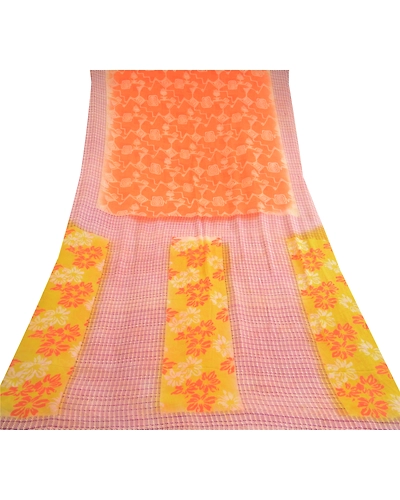 Sanskriti Vintage Orange Sarees Pure Georgette Silk Printed Sari Craft Fabric, PRG-10347-Orange-Printed Floral Design-Pure Georgette Silk-8