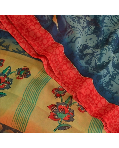 Sanskriti Vintage Red Sarees Pure Georgette Silk Printed Sari 5Yd Craft Fabric, PRG-10353-Red-Printed Floral Design-Pure Georgette Silk-1