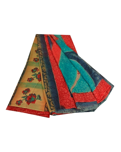 Sanskriti Vintage Red Sarees Pure Georgette Silk Printed Sari 5Yd Craft Fabric, PRG-10353-Red-Printed Floral Design-Pure Georgette Silk-2
