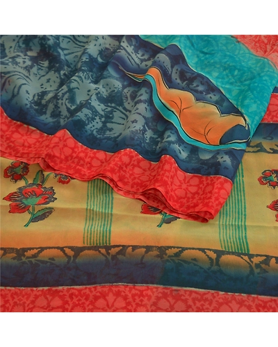 Sanskriti Vintage Red Sarees Pure Georgette Silk Printed Sari 5Yd Craft Fabric, PRG-10353-Red-Printed Floral Design-Pure Georgette Silk-7