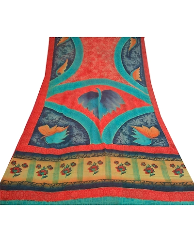 Sanskriti Vintage Red Sarees Pure Georgette Silk Printed Sari 5Yd Craft Fabric, PRG-10353-Red-Printed Floral Design-Pure Georgette Silk-8