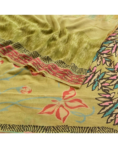 Sanskriti Vintage Multi Sarees Pure Georgette Silk Print Sari 5Yd Craft Fabric, PRG-10355-Multi-Printed Floral Design-Pure Georgette Silk-7