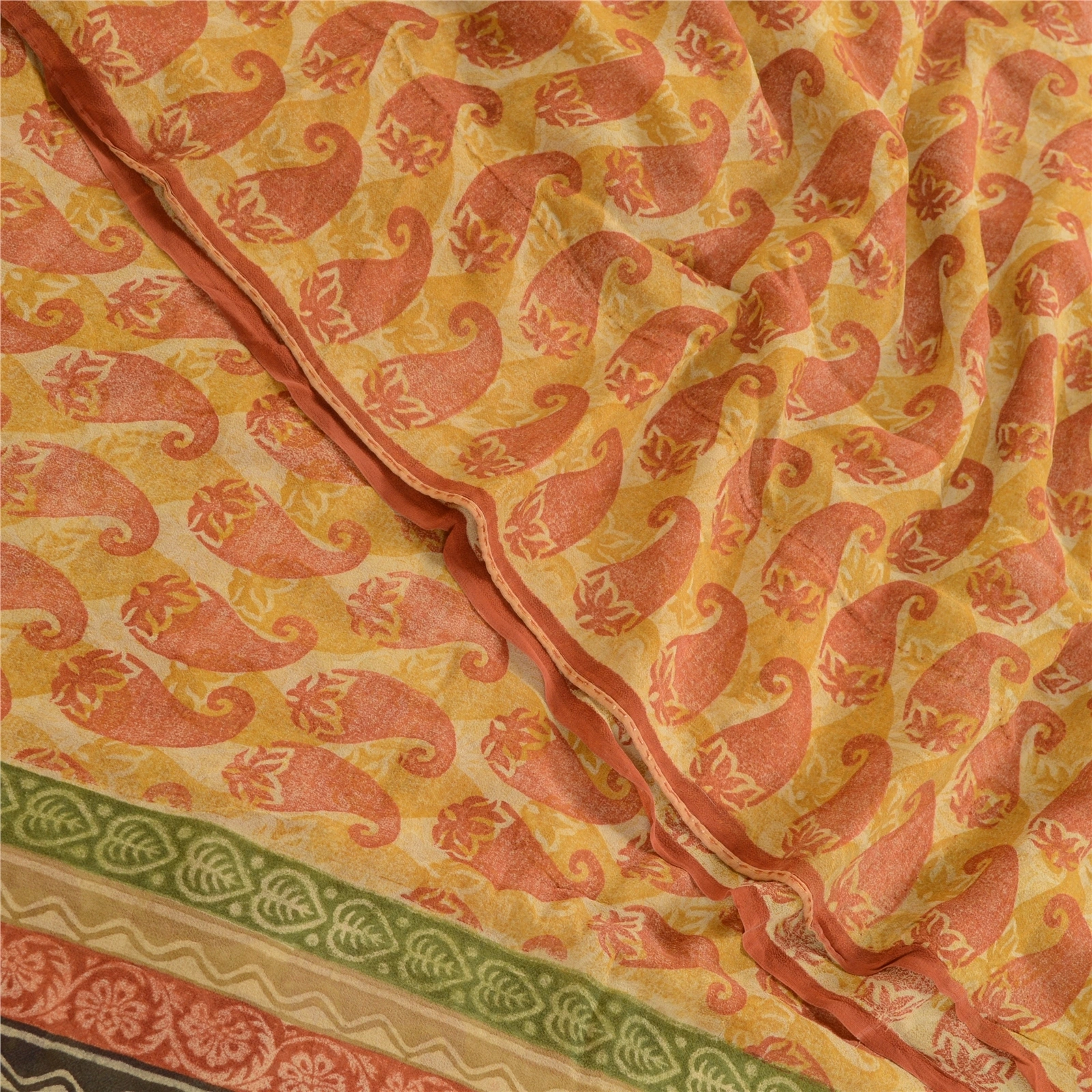 Sanskriti Vintage Saffron Pure Georgette Silk Sarees Printed Sari Craft Fabric, PRG-1048-Saffron-Printed Floral Design-Pure Georgette Silk-1