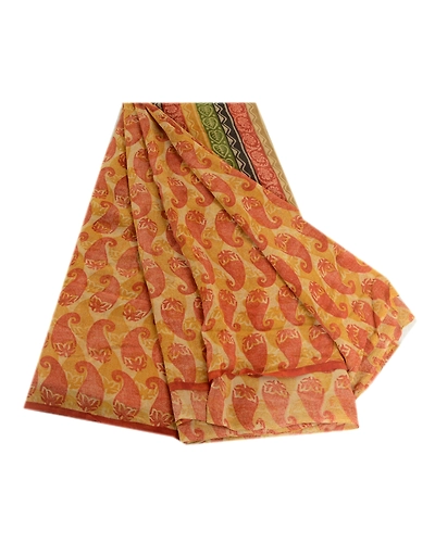 Sanskriti Vintage Saffron Pure Georgette Silk Sarees Printed Sari Craft Fabric, PRG-1048-Saffron-Printed Floral Design-Pure Georgette Silk-2