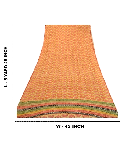 Sanskriti Vintage Saffron Pure Georgette Silk Sarees Printed Sari Craft Fabric, PRG-1048-Saffron-Printed Floral Design-Pure Georgette Silk-3