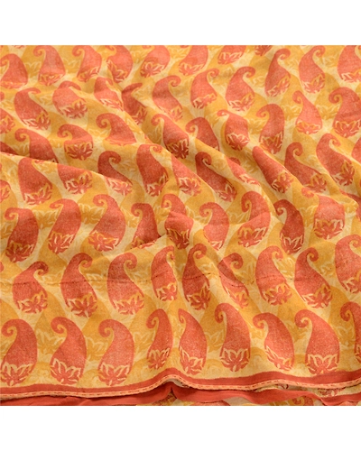 Sanskriti Vintage Saffron Pure Georgette Silk Sarees Printed Sari Craft Fabric, PRG-1048-Saffron-Printed Floral Design-Pure Georgette Silk-6