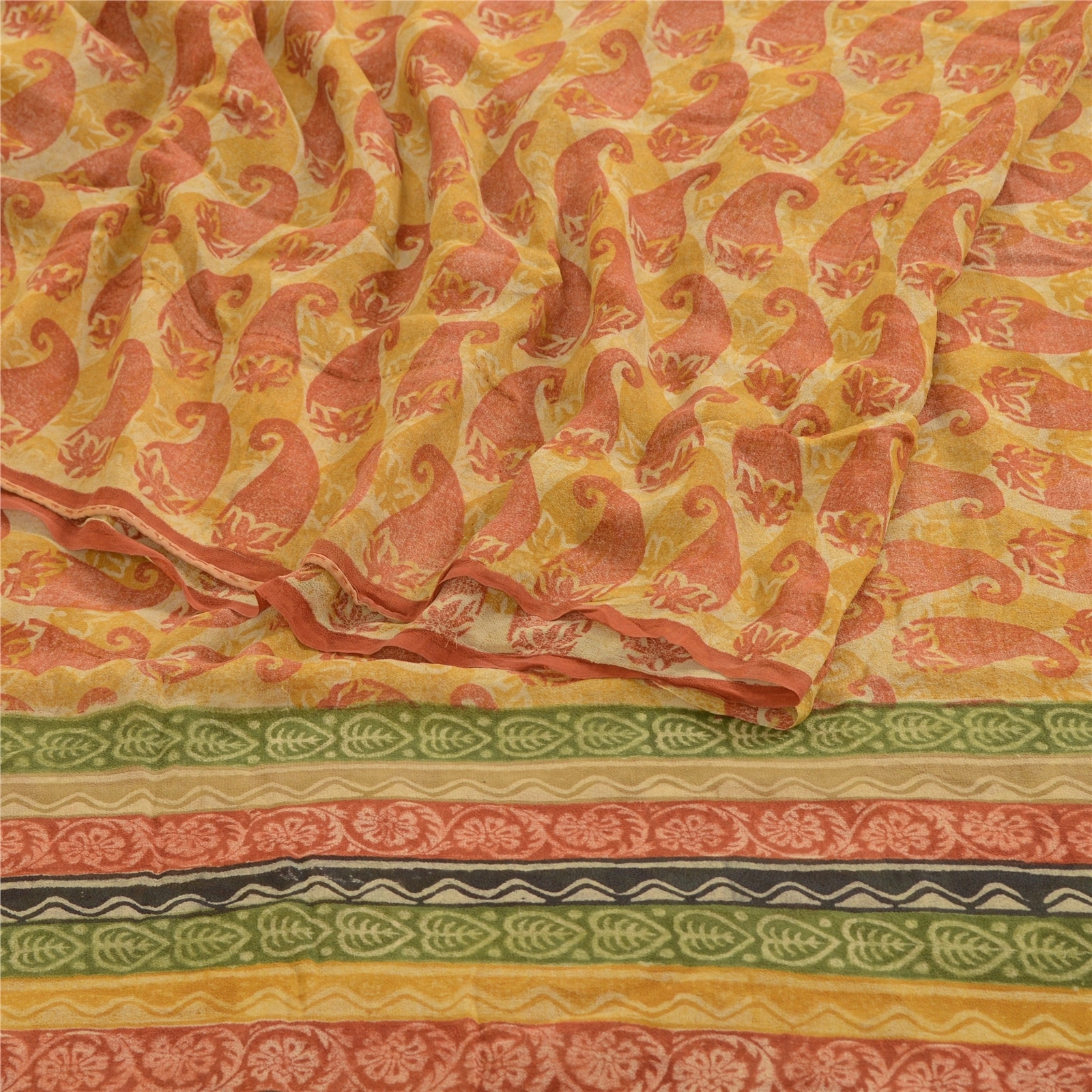 Sanskriti Vintage Saffron Pure Georgette Silk Sarees Printed Sari Craft Fabric, PRG-1048-Saffron-Printed Floral Design-Pure Georgette Silk-7