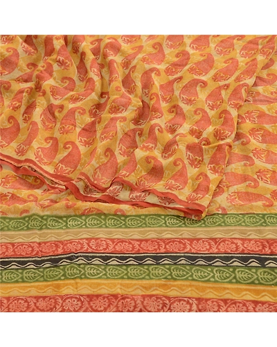 Sanskriti Vintage Saffron Pure Georgette Silk Sarees Printed Sari Craft Fabric, PRG-1048-Saffron-Printed Floral Design-Pure Georgette Silk-7