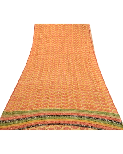 Sanskriti Vintage Saffron Pure Georgette Silk Sarees Printed Sari Craft Fabric, PRG-1048-Saffron-Printed Floral Design-Pure Georgette Silk-8