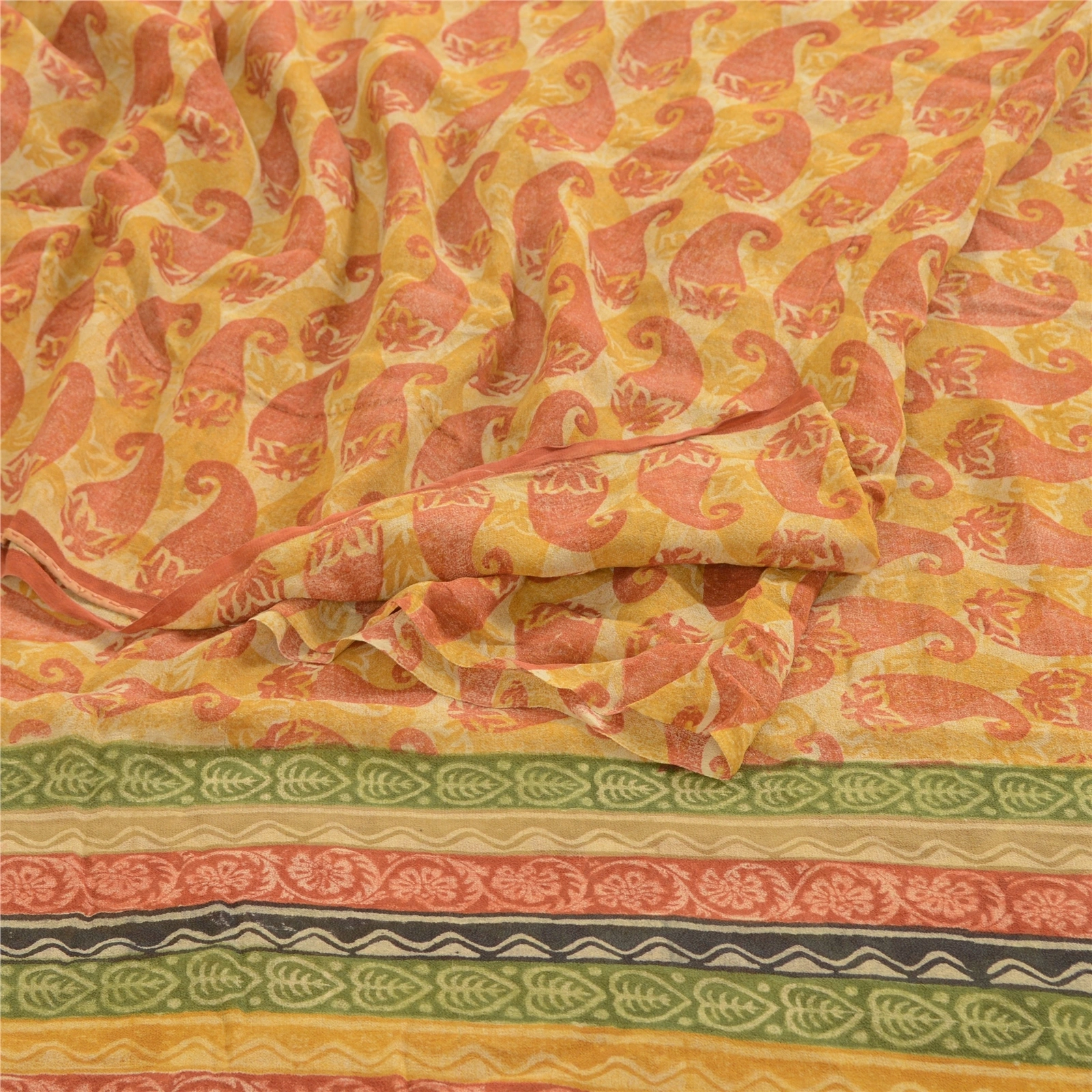 Sanskriti Vintage Saffron Pure Georgette Silk Sarees Printed Sari Craft Fabric, PRG-1048-Saffron-Printed Floral Design-Pure Georgette Silk-9