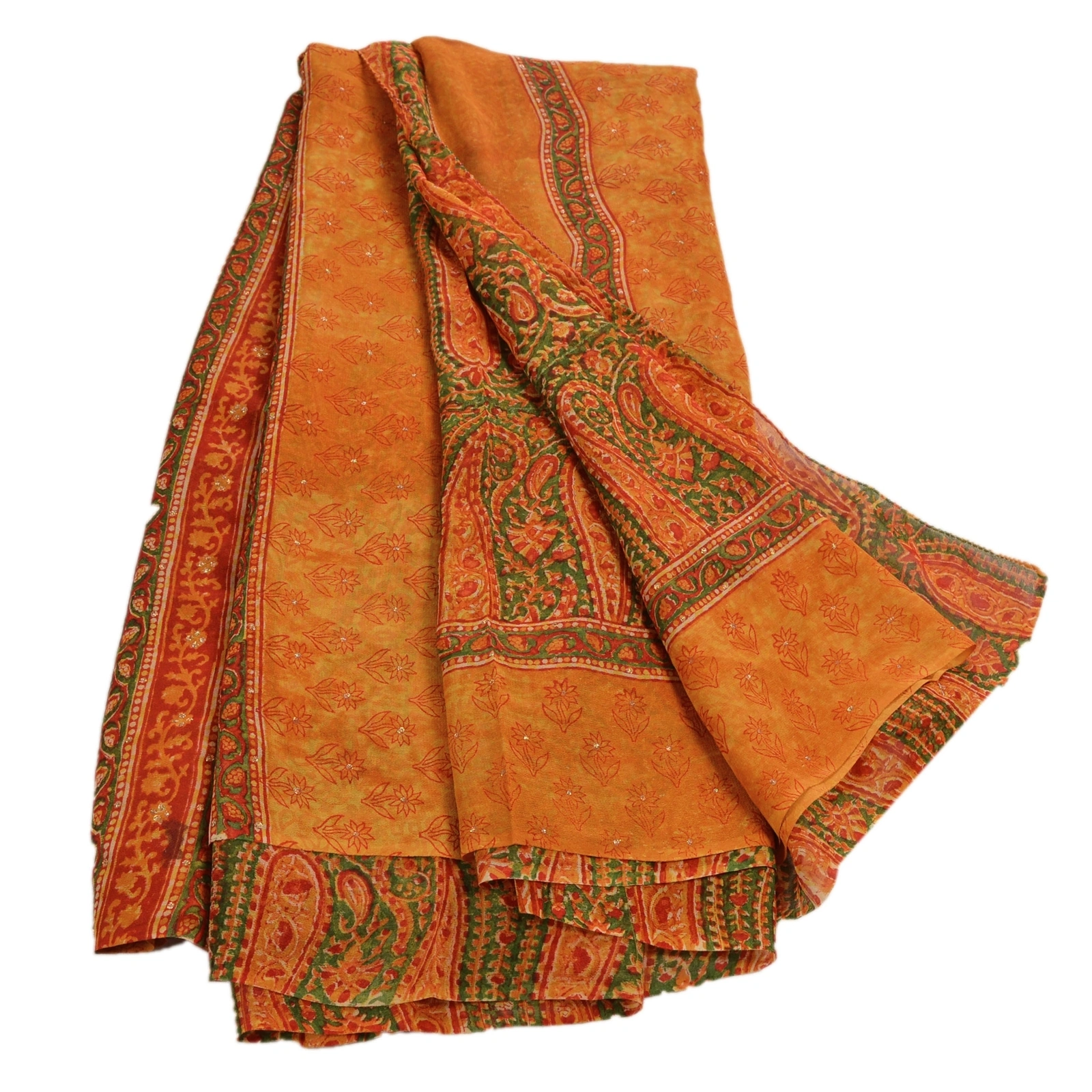 Sanskriti Vintage Indian Pure Georgette Silk Sarees Orange Printed Sari Fabric, PRG-1050-Orange-Printed Floral Design-Pure Georgette Silk-1