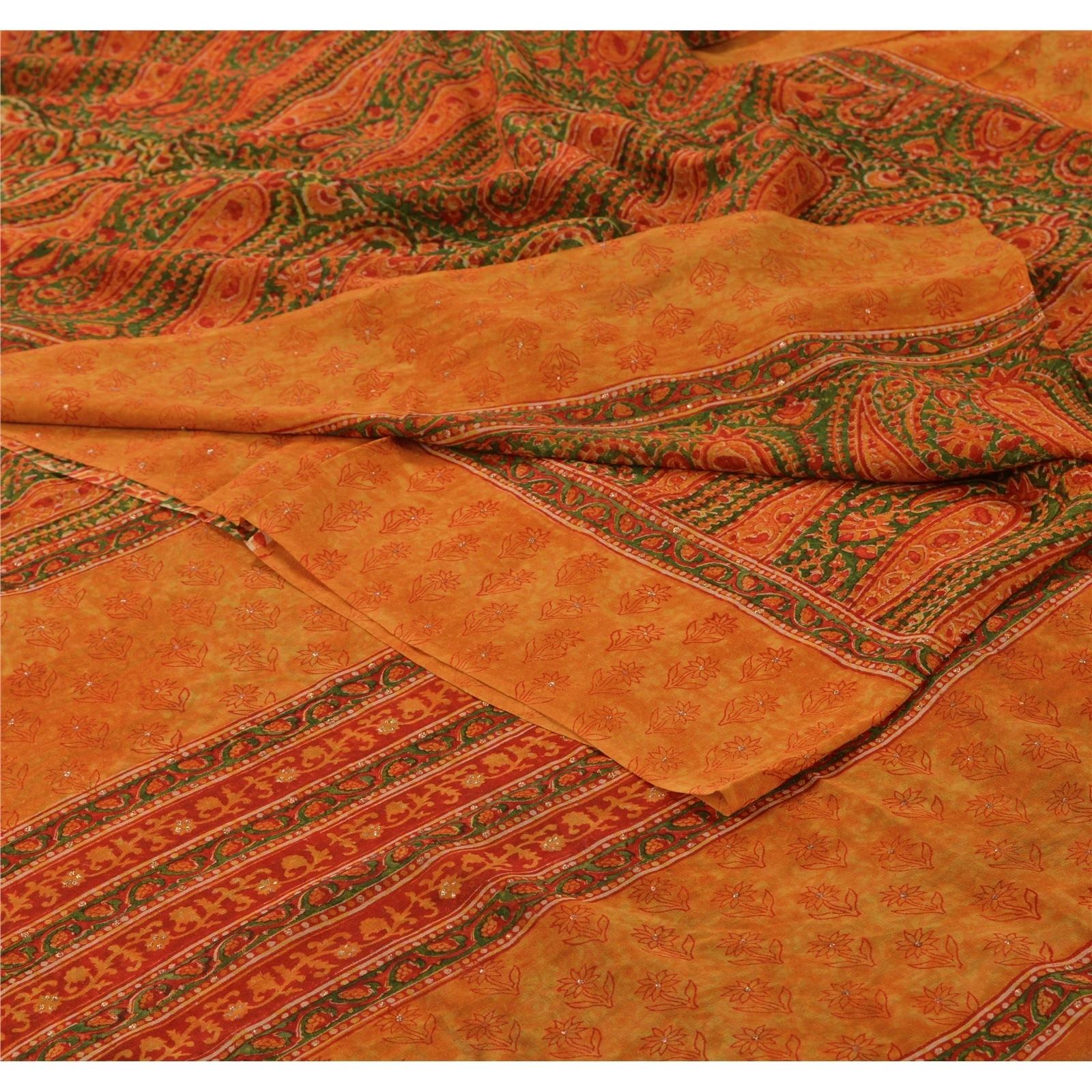 Sanskriti Vintage Indian Pure Georgette Silk Sarees Orange Printed Sari Fabric, PRG-1050-Orange-Printed Floral Design-Pure Georgette Silk-2