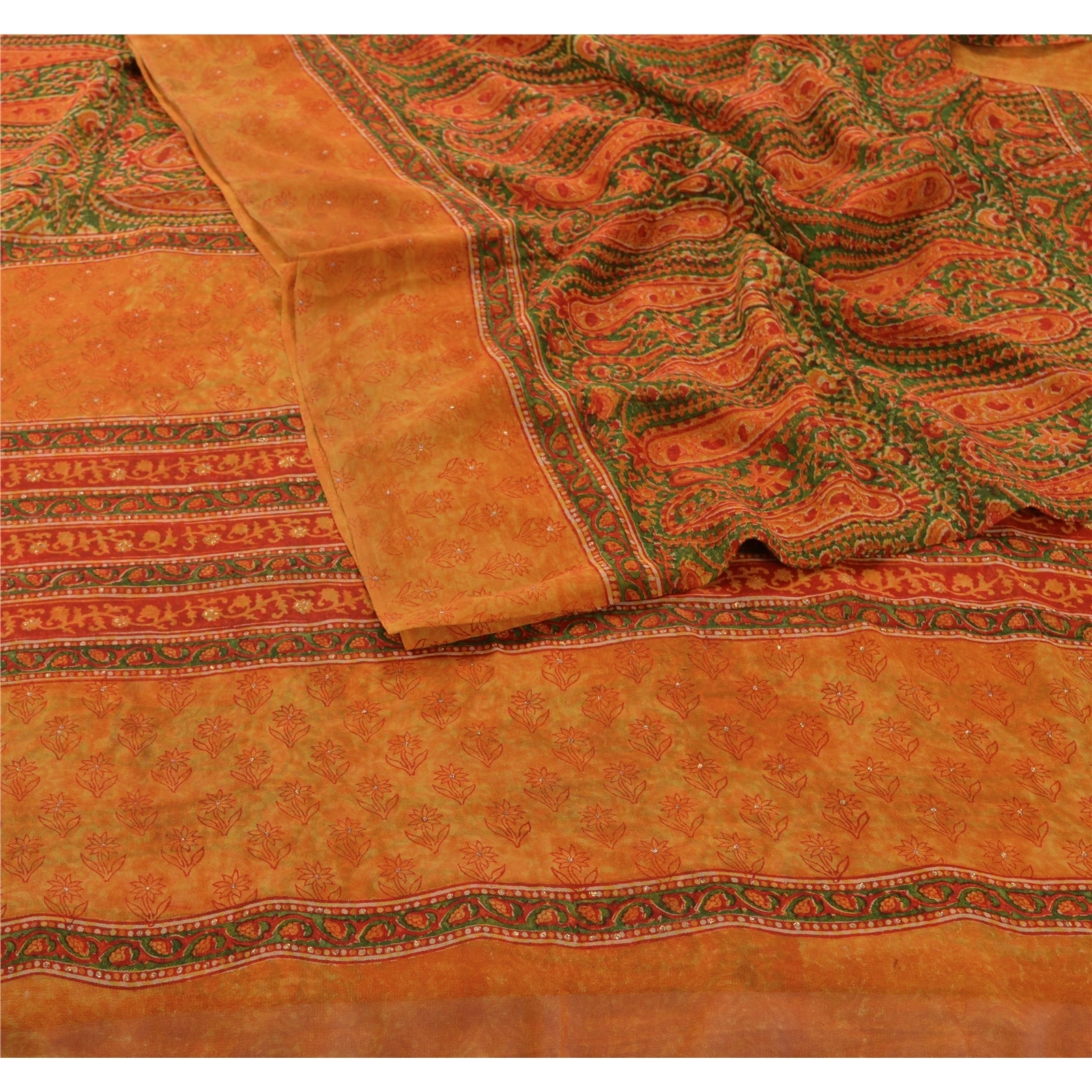 Sanskriti Vintage Indian Pure Georgette Silk Sarees Orange Printed Sari Fabric, PRG-1050-Orange-Printed Floral Design-Pure Georgette Silk-3