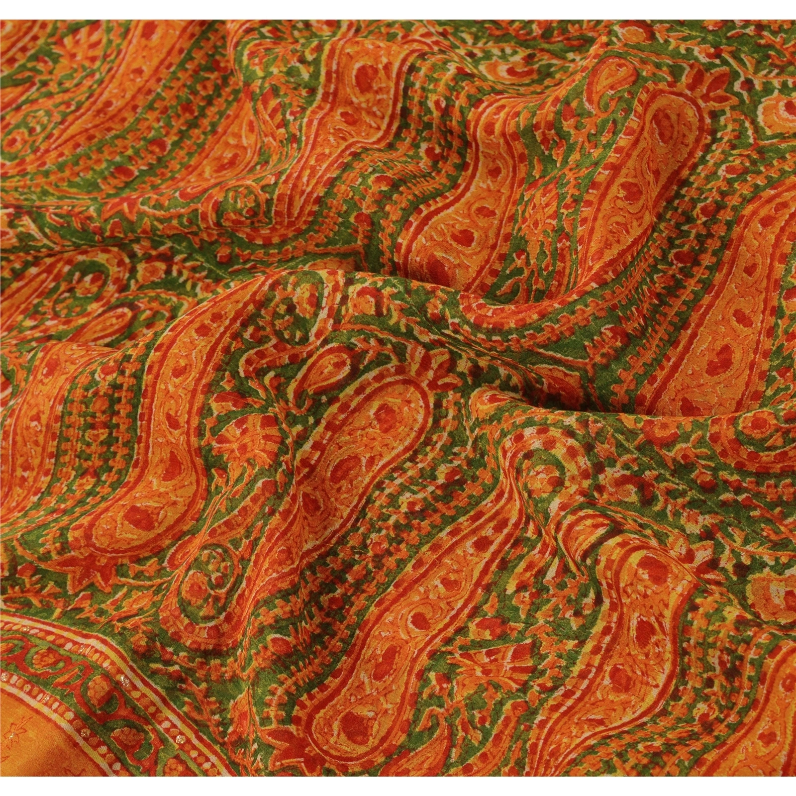 Sanskriti Vintage Indian Pure Georgette Silk Sarees Orange Printed Sari Fabric, PRG-1050-Orange-Printed Floral Design-Pure Georgette Silk-4