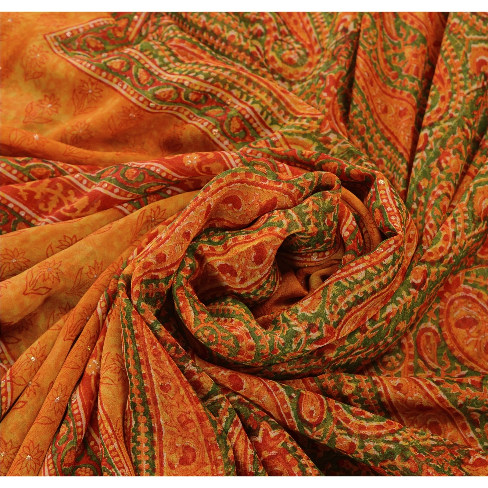 Sanskriti Vintage Indian Pure Georgette Silk Sarees Orange Printed Sari Fabric, PRG-1050-Orange-Printed Floral Design-Pure Georgette Silk-5