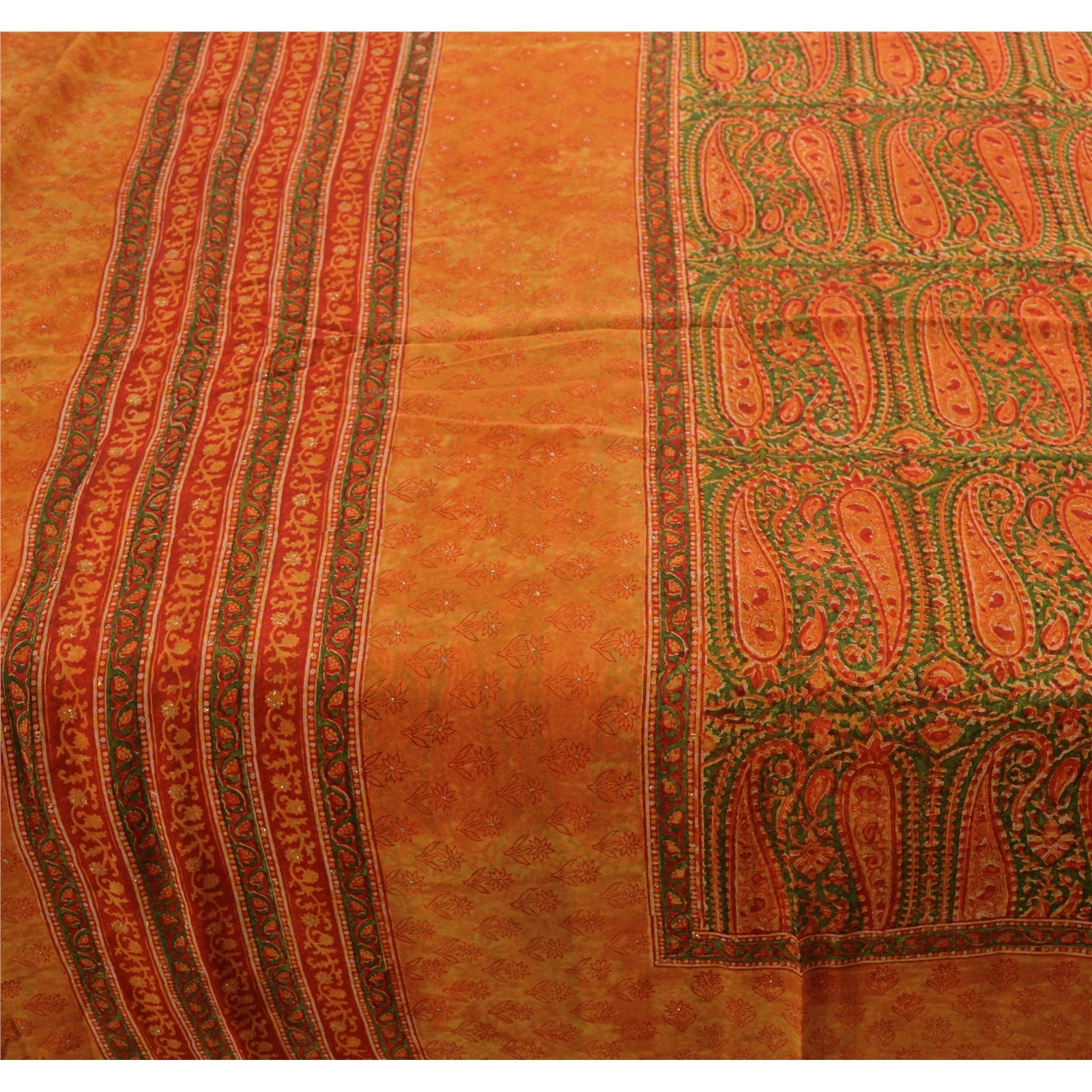 Sanskriti Vintage Indian Pure Georgette Silk Sarees Orange Printed Sari Fabric, PRG-1050-Orange-Printed Floral Design-Pure Georgette Silk-6